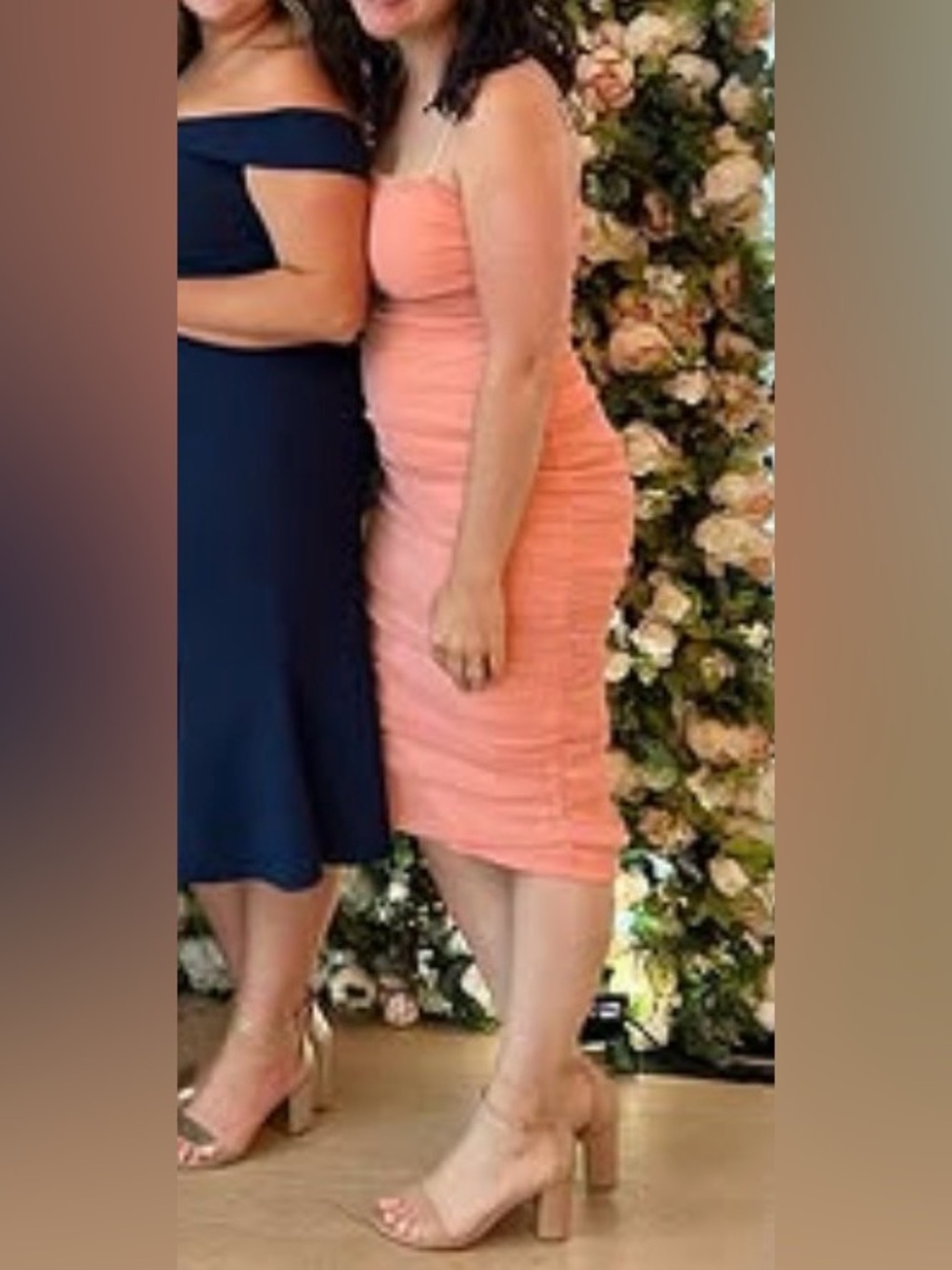 Lulu's Peach Ruched Mesh Midi Slip Dress